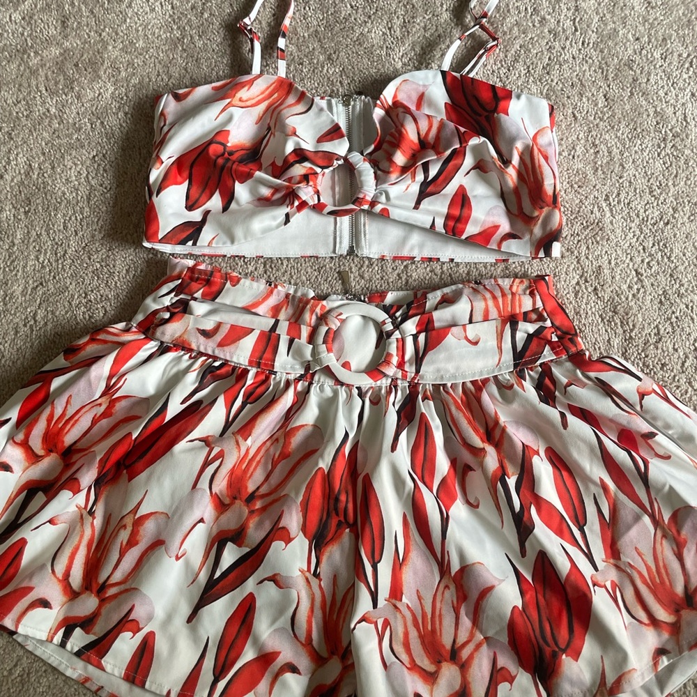 Floral Red and White Two-Piece Set